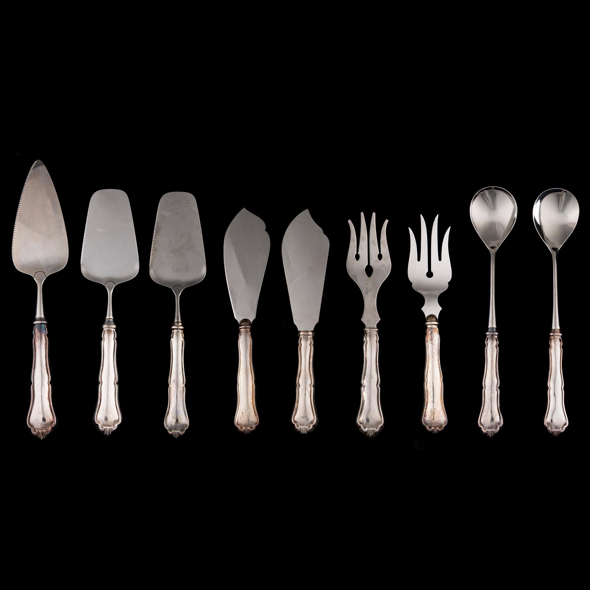 SERVERINGSBESTICK, 9 delar, silver, "Chippendale", bär diverse finska tillverkarstämplar, 1979-1999.