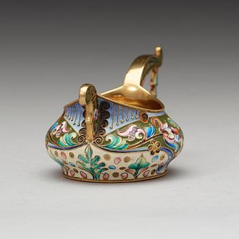 A Russian 20th century silver-gilt and enamel kovsh, marks of the 20th Artell, Moscow 1908-1917.