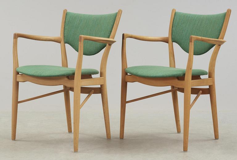 A Finn Juhl dining set of a teak and beech table, four beech 'BO-63' chairs and two armchairs, Bovirke. Denmark.