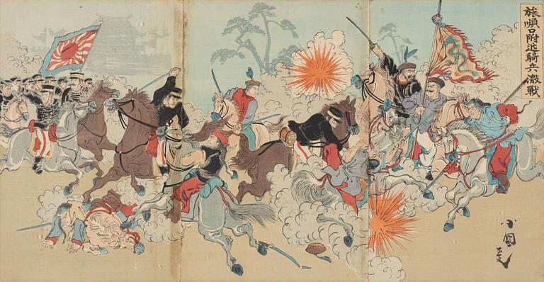 Utagawa Kokunimasa, a woodblock print triptych, early 20th Century.