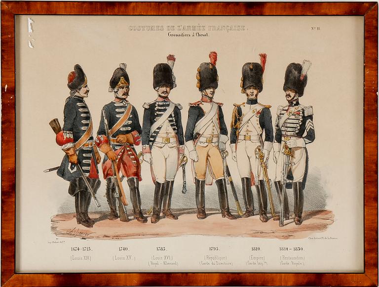 LITOGRAFISKA UNIFORMPLANSCHER, 8 st, Costumes de l'armée Française, 1800-talets slut.