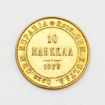 A gold coin, 10 marks, Finland 1879.