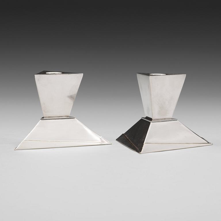 Elsa Tennhardt, A pair of Elsa Tennhardt silver plated candlesticks, E & J Bass Company, New York ca 1928.