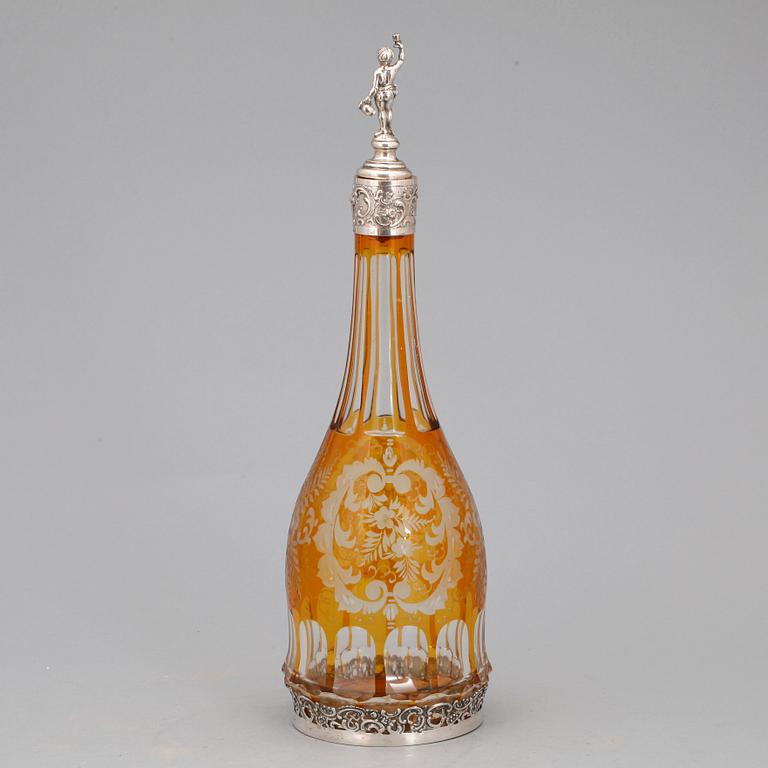 KARAFF, silver och glas, Böhmen, tyska silverstämplar, 1900-talets första hälft.