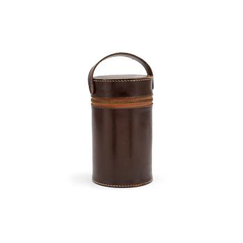 POCKET-FLASKS, three piece with accompanying glasses in brown leather casing.