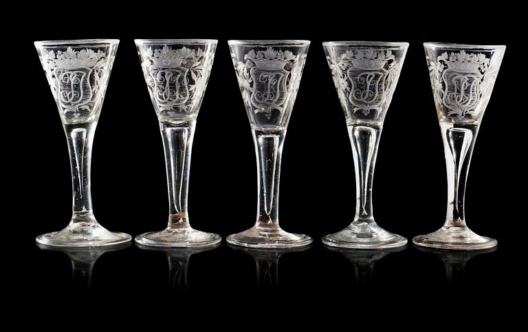 A set of five Swedish wine goblets, 18th Century.