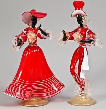 FIGURINER, 2 st, glas, Murano, Italien 1900-talets andra hälft.