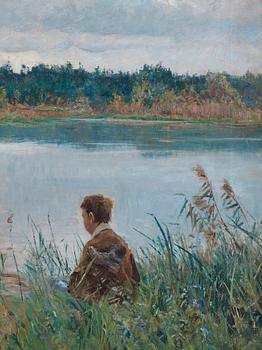 Carl Trägårdh, Landskap med kor och vallpojke vid vattendrag -  Grez-sur-Loing.