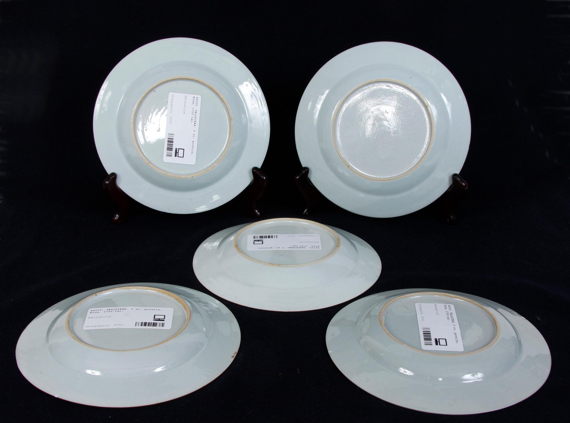 TALLRIKAR, 5 st, porslin, Kina, 1700-tal.