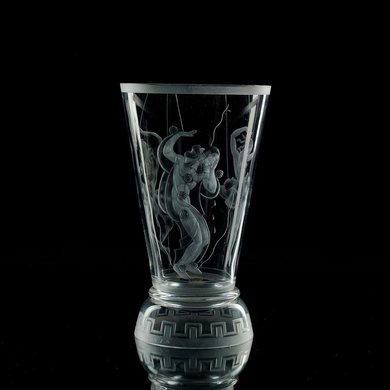 A Vicke Lindstrand engraved glass vase, Orrefors 1931.