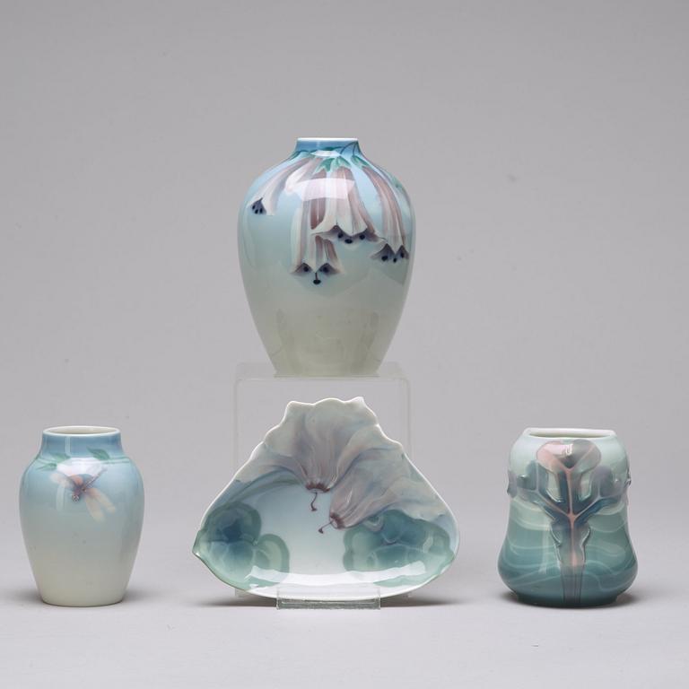 RÖRSTRAND, Anna Boberg, Astrid Ewerlöf and other, 3 art nouveau porcelain vases and a dish, Sweden ca 1900.