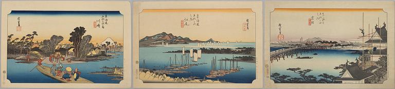 Ando Utagawa Hiroshige, after, three prints from "The Fifty-Three Stations of the Tōkaidō".