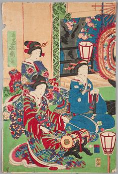 TRÄSNITT, 5 delar varav en triptyk, bland annat Toyokuni III Japan, 1800/1900-tal.