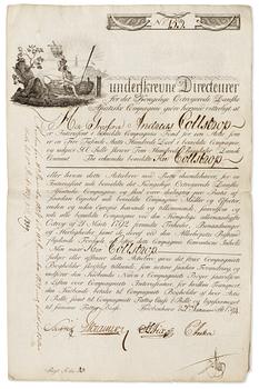 1528. A share certificate of the Danish East India Company, no 153, dated 2 January 1794, 24 April 1838, 11 December 1840, 11 June 1841 and 1845.