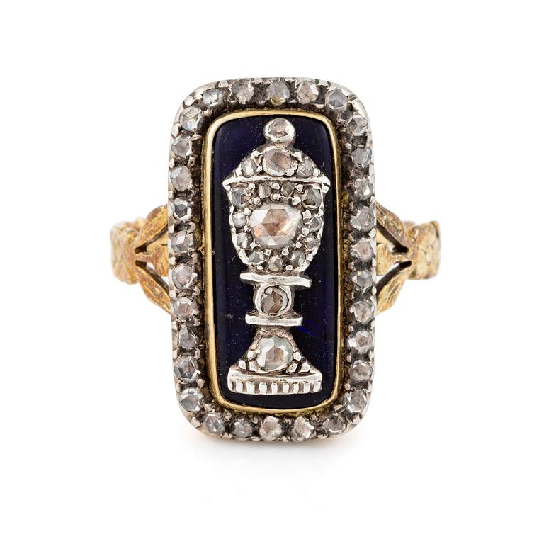 Ring 14K guld och koboltblå emalj med rosenslipade diamanter i form memento mori motiv av urna,  1700/1800-tal.