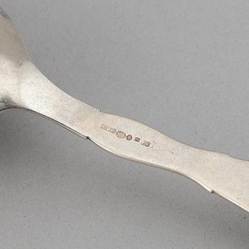 A pair of silver sallad utensils by C.G.Hallberg, Malmö, 1931, and sauce spoon W&S Sorensen, Danmark, early 20th century.