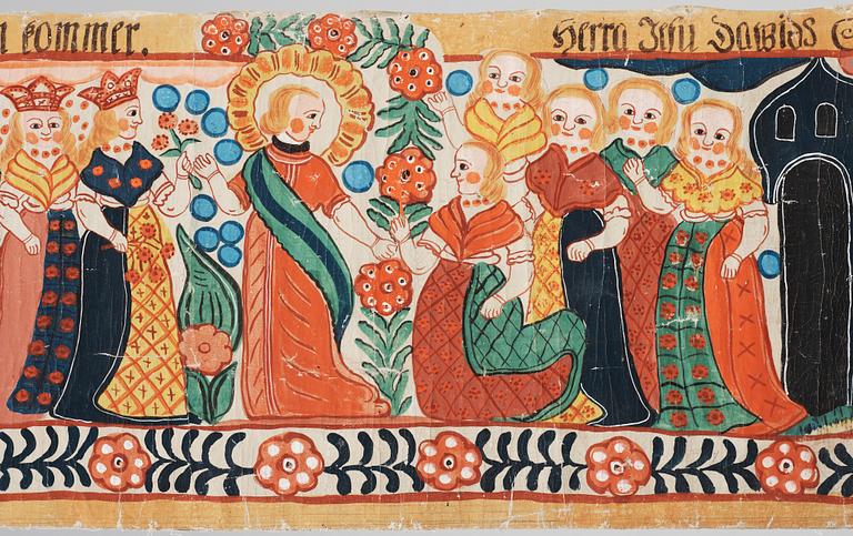 VÄGGMÅLNING, allmogestil, Bernhard Jönsson, 1900-tal. Monogramsign.