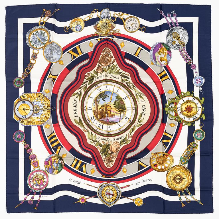 Hermès, a 'La Ronde des Heures' twill silk scarf.