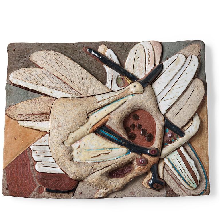 Tyra Lundgren, a stoneware relief 'Prancing dove', Sweden 1960's.