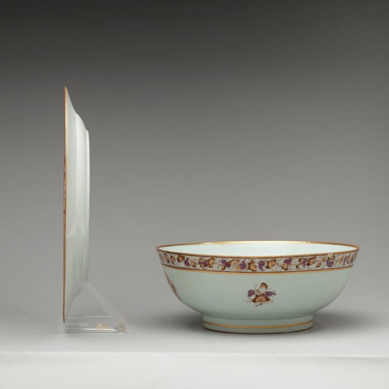 A pair of European subject famille rose punch bowls with stands, Qing dynasty, Jiaqing (1796-1820).