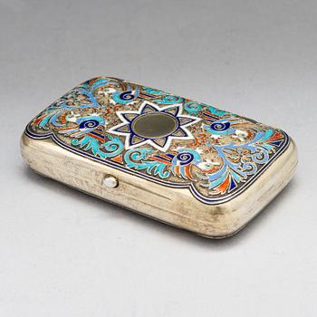 A cloisonné enamel and gilt silver cigarette case, maker's mark of Grigorii Andreev, Saint Petersburg, Russia 1885-1898.