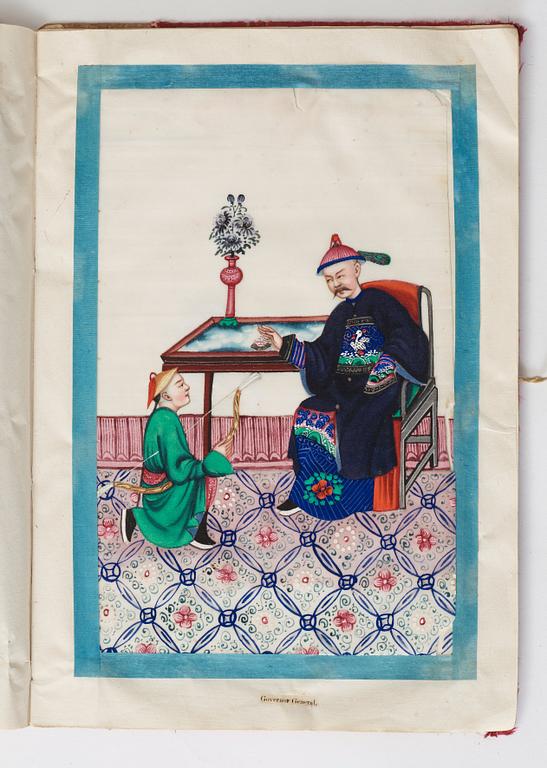 Album comprising 12 export gouaches on pith paper, portraying the Chinese court, Qing dynasty, late 19th Century.