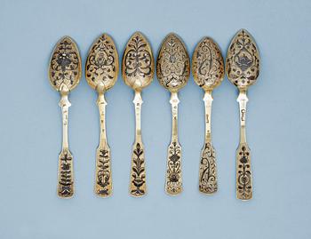 1199. A SET OF SIX RUSSIAN SILVER-GILT AND NIELLO SPOONS, Moscow 1835-1846.