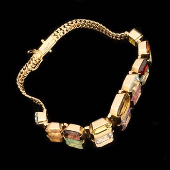A quartz, beryl and tourmaline bracelet. Made by Swedish goldsmith G. Dahlgern, Malmö.