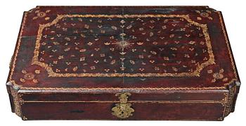 A Swedish 18th century casket with the symbols of the Swedish national coat of arms and the Polar star. Later stand.
