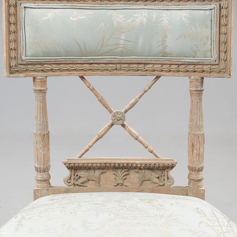 Twelve (8+4) late Gustavian early 19th century chairs. Eight chairs missing upholstery.