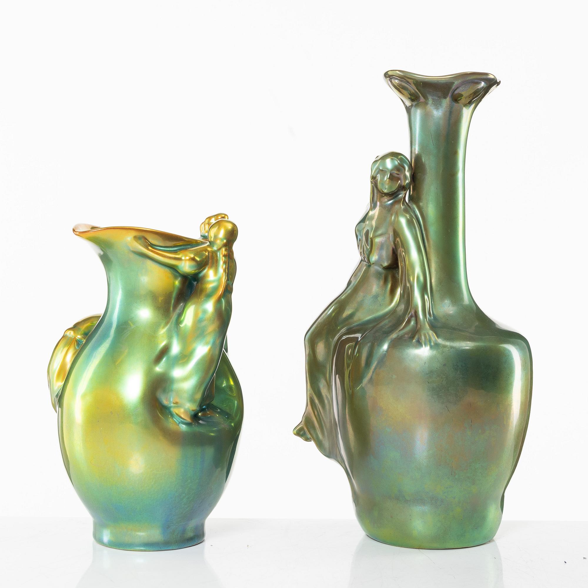 Two earthenware vases, Zsolnay, Hungary.