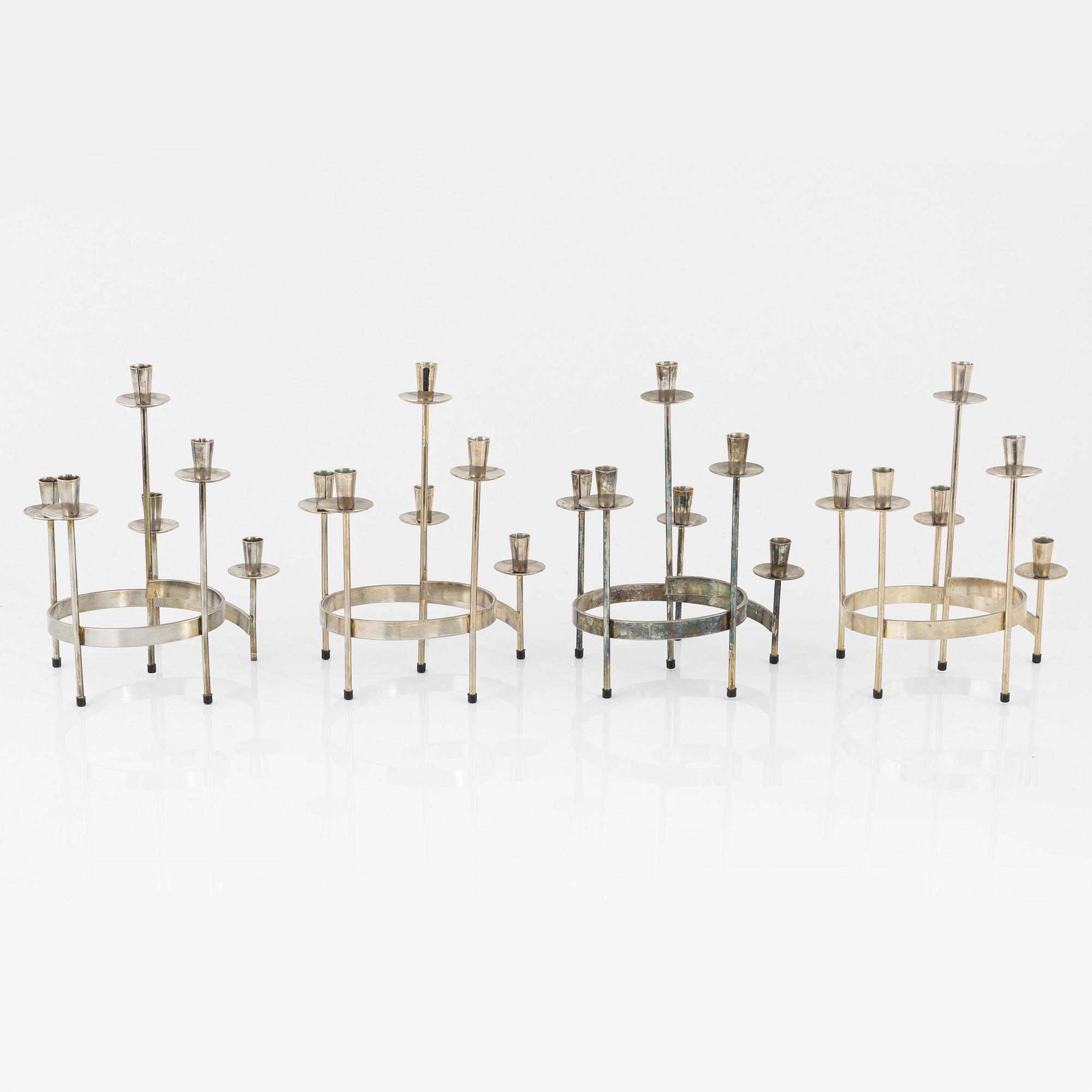 Harry Boström, kandelabrar, 4 st, vitmetall, 'Spiral', Bo Svensk.