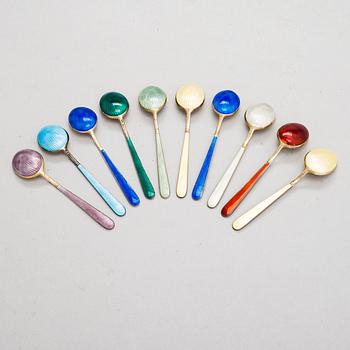 A set of ten enamelled gilt silver spoons, Tillander, Helsinki 1950-57.