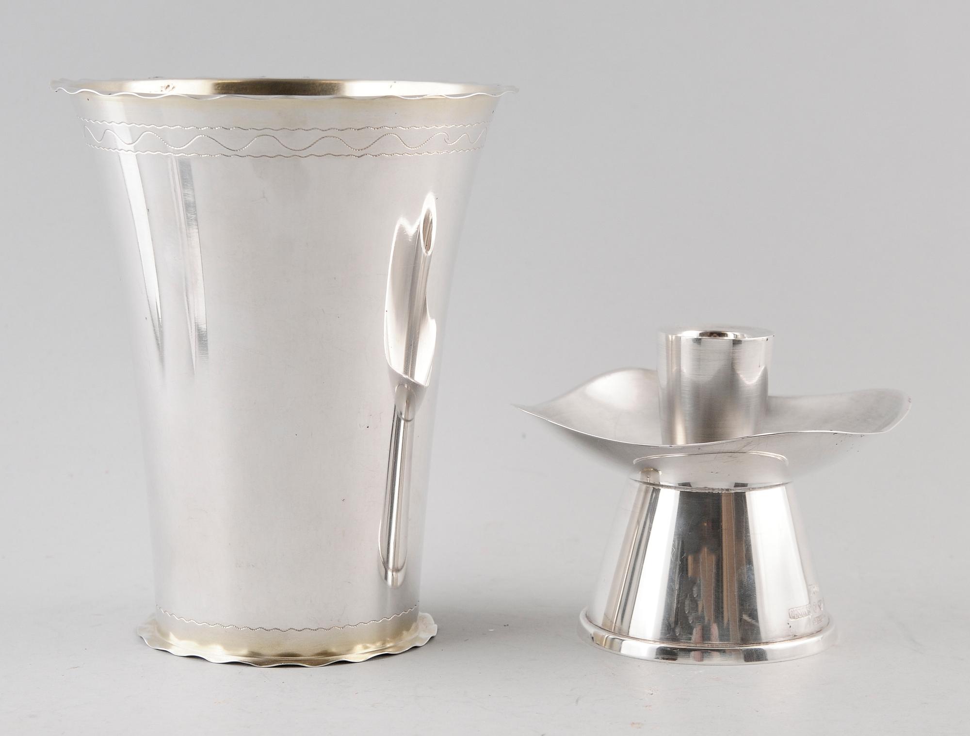 LJUSSTAKE, sterlingsilver, T Eldh. BÄGARE, silver, GAB. Tot vikt ca 409 g.