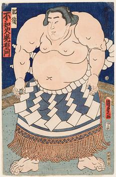 KUNISADA II (1823-1880), två stycken, färgträsnitt. Japan, 1860. "Shiranui Mitsuemon".