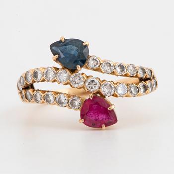 Ruby, sapphire and brilliant-cut diamond ring.