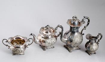 KAFFE- OCH TESERVIS, 4 delar snarlika, bl a Braese, nysilver, tidigt 1900-tal.