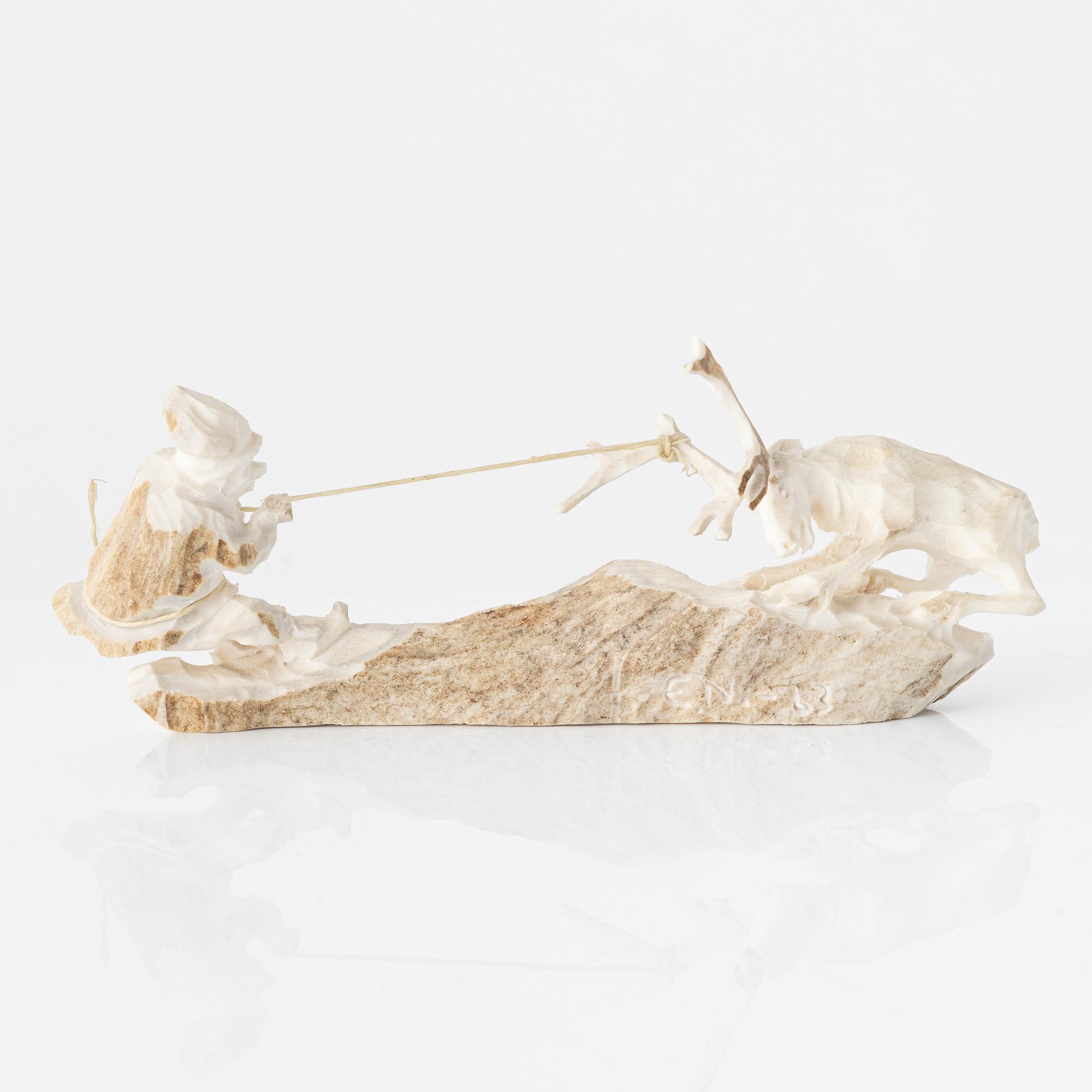 Erik Norberg, figurines, 3 pcs, reindeer antler, signed EN and dated -63, -67, and -69 respectively.