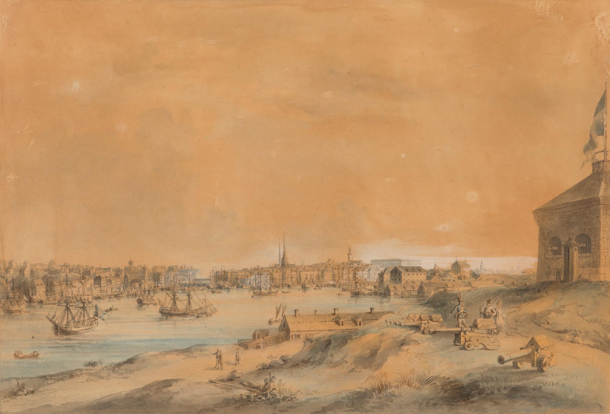JOHAN FREDRIK MARTIN, käsinväritetty etsaus, signeerattu, "Vue de Stockholm", 1700-luku.
