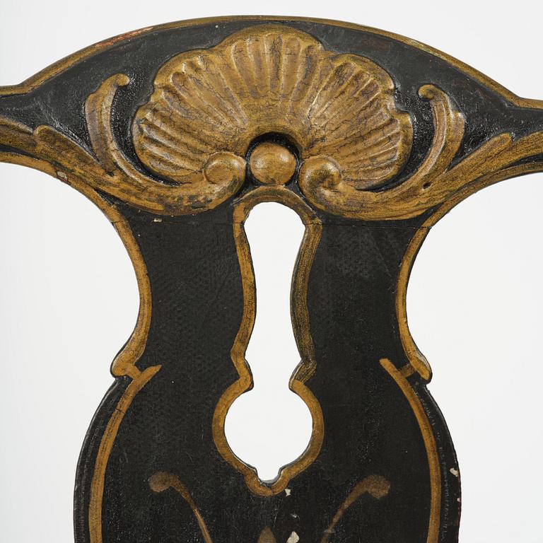 A pair of japanned Swedish rococo armchairs, Stockholm, later part 18th century.
