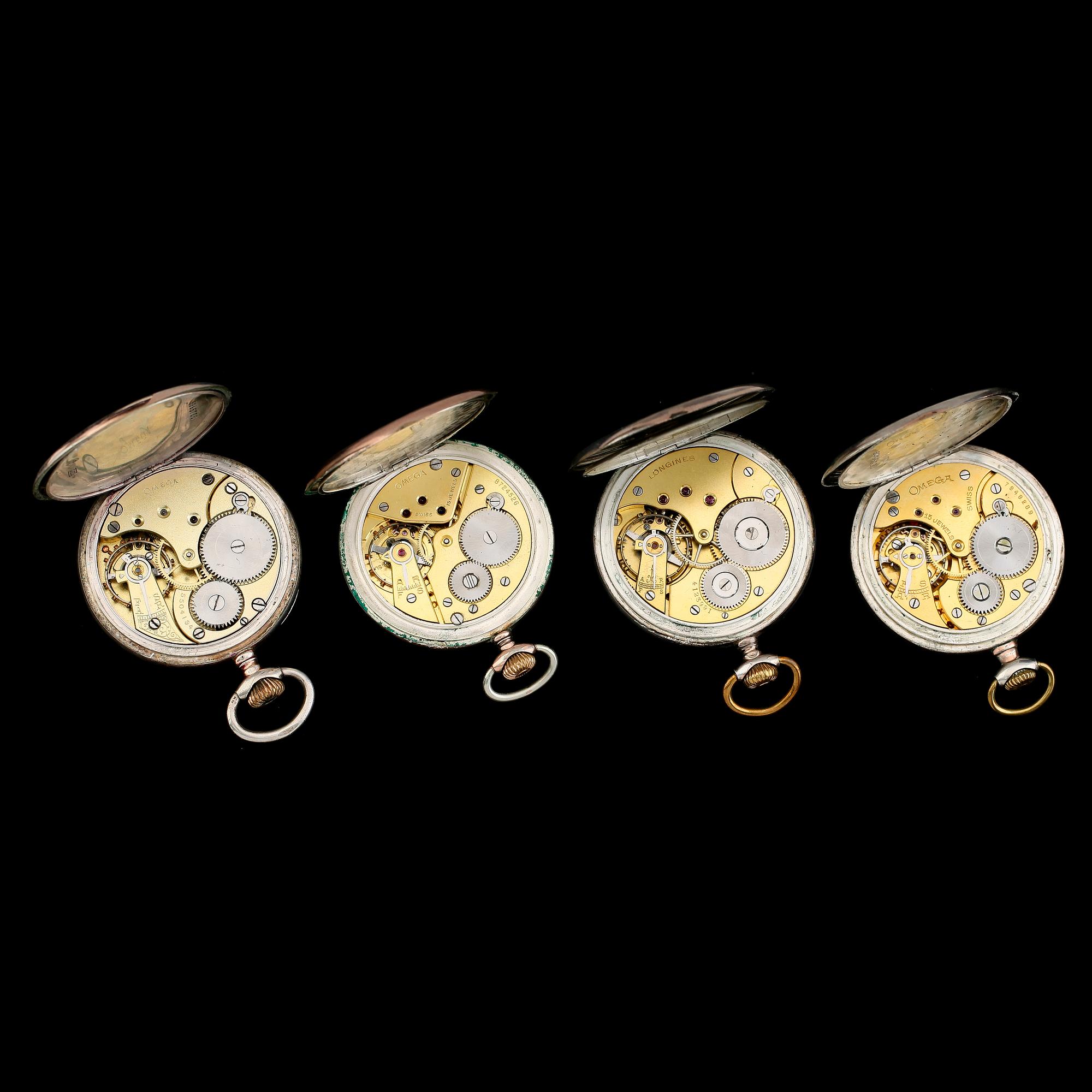 FICKUR, 4 st, silver, Omega och Longines, 1900-talets första hälft.
