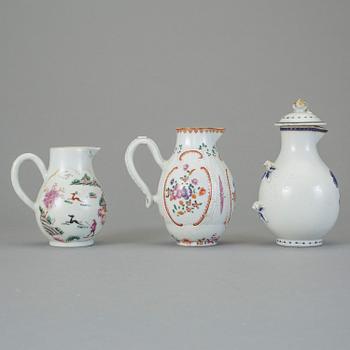 KANNOR, 3 st, kompaniporslin, Kina, 1700-tal.