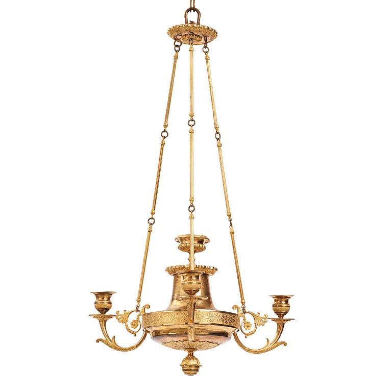 A Swedish Empire three-light hanging-lamp, first part of the 19th century.