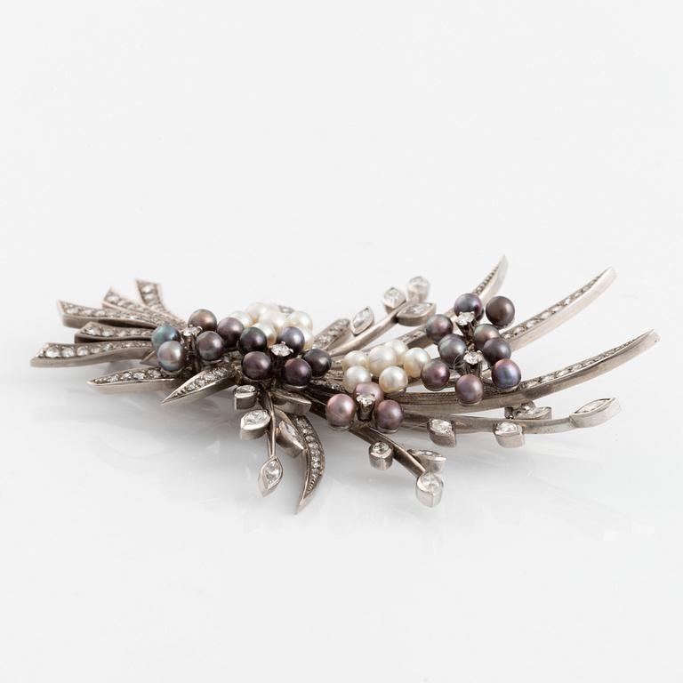 Strömdahls, white gold, pearl and diamond flower brooch.