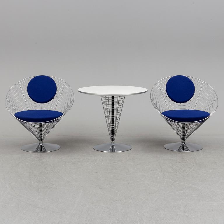VERNER PANTON, PHILIPPE STARCK,  a set of two "Wire Cone" chairs and a table Fritz Hansen, late 20th century.