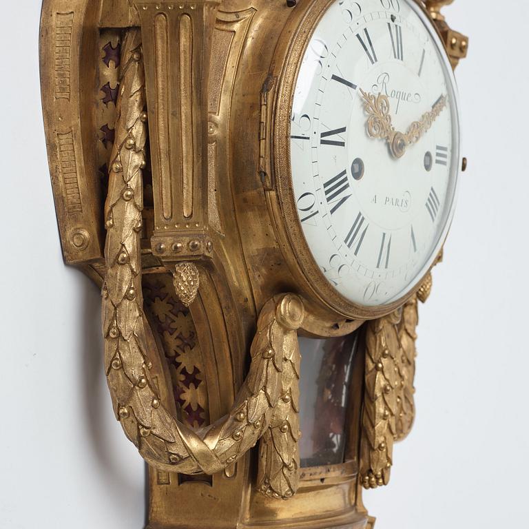 A Louis XVI gilt bronze wall clock by Jean Joseph Léonard Roque, active 1770-89.