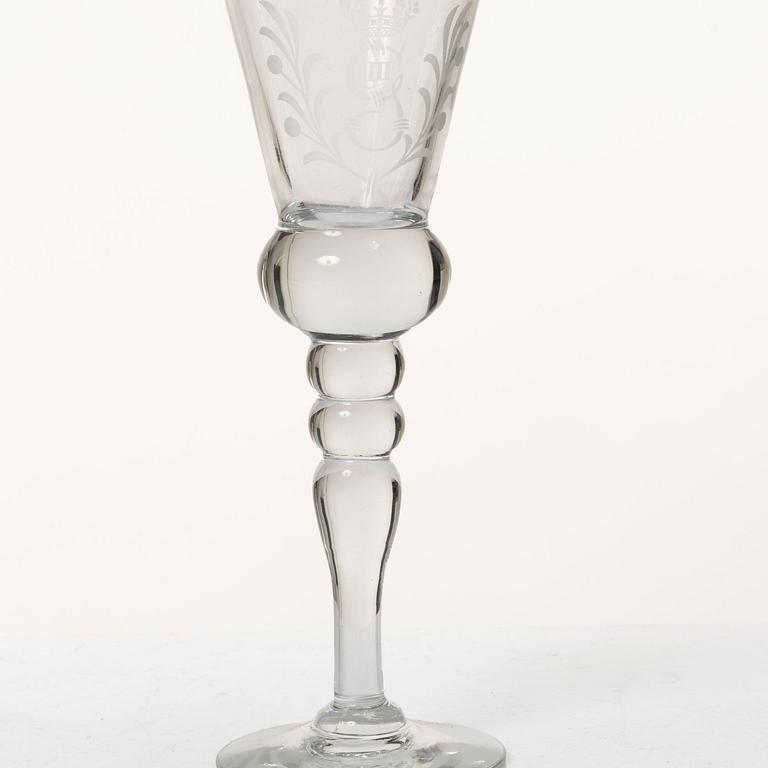 A set of 12 schnaps glasses by Reijmyre Glassworks with king Gustav III emblem.