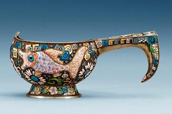 1150. A RUSSIAN SILVER-GILT AND ENAMEL KOVSH, makers mark of Fyed Ruch, Moscow 1908-1917.