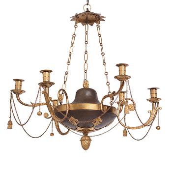 119. A late Gustavian ormolu and patinated bronze six-branch chandelier, Stockholm circa 1800.