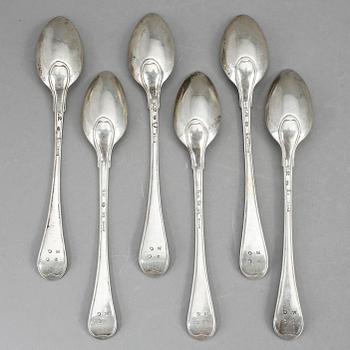 TESKEDAR, 6 st, silver, Lars Boye, Stockholm, 1791-92. Vikt 126 g.